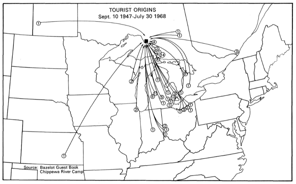 A photo of tourist origins from September 10, 1947 to July 30, 1968 at Chippewa River Camp.