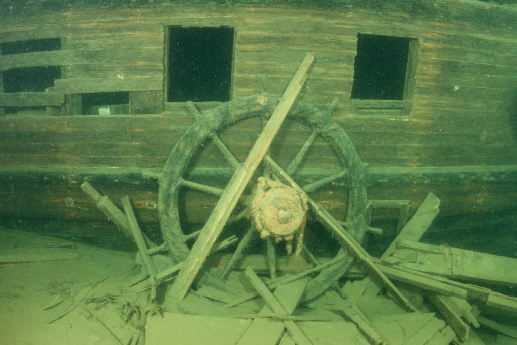 A photo of the helm of the J.S. Seaverns. Photo credit: Steve Shroyer.