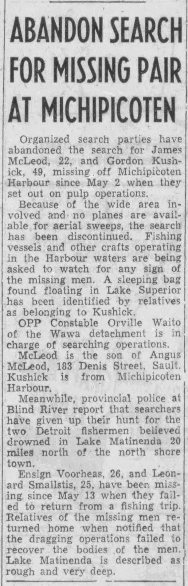 A capture of The Sault Star from May 28, 1951 describing the drowning of James McLeod and Gordon Kushick who drowned in Michipicoten Harbour on May 2, 1951