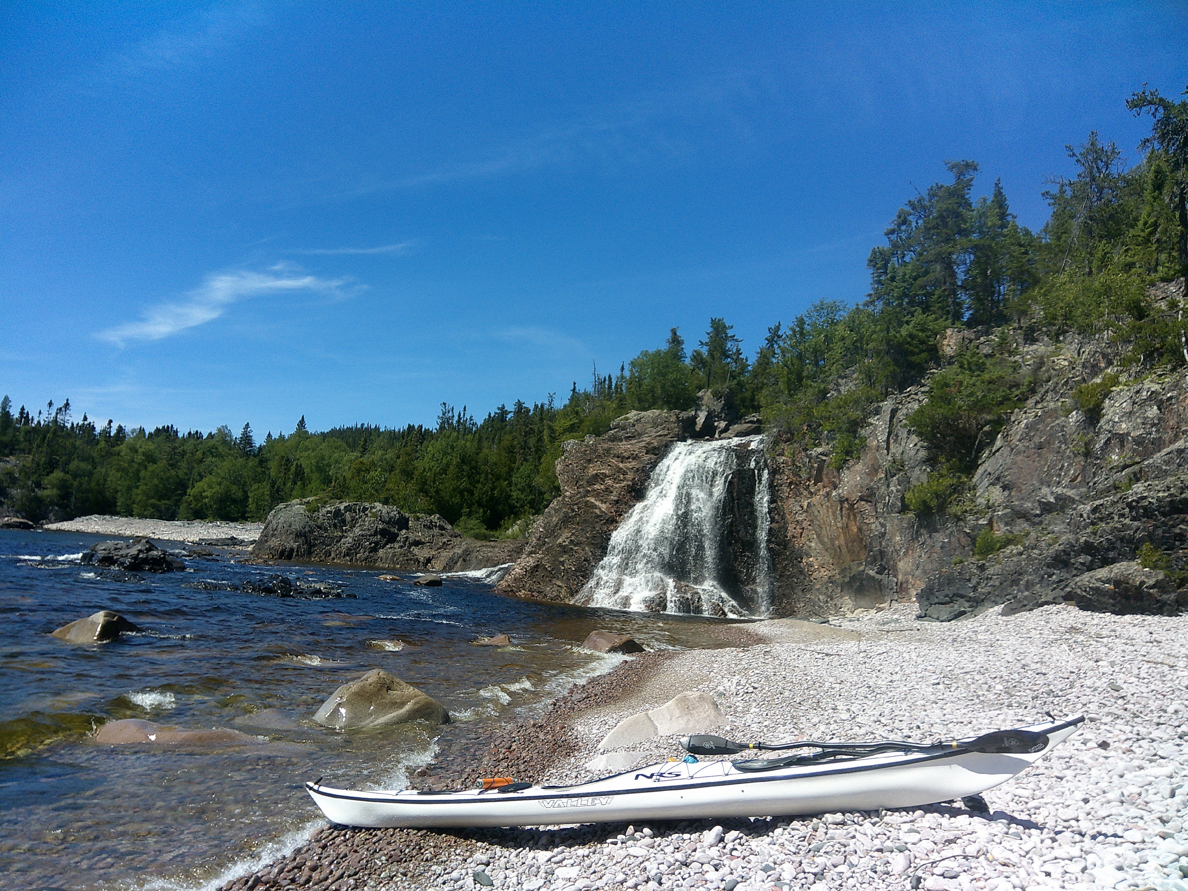 A photo of Cascade Falls. A favourite campsite of many paddling down the Pukaskwa Coast. Photo credit: John Price