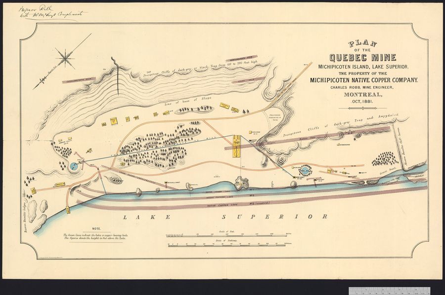 An 1881 map of the Quebec Mine on Michipicoten Island. Photo credit: Canadian Archives