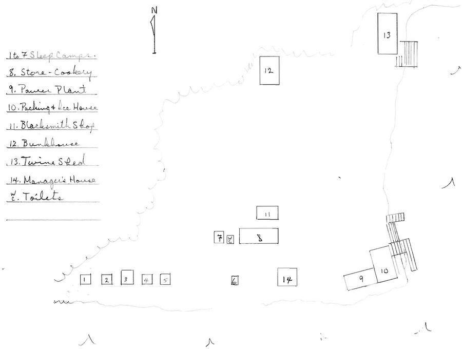 A hand drawn map of the Quebed Harbour Fishing station from a conversation with Morley (Mort) Purvis in Sault Ste. Marie in June 23, 1988.